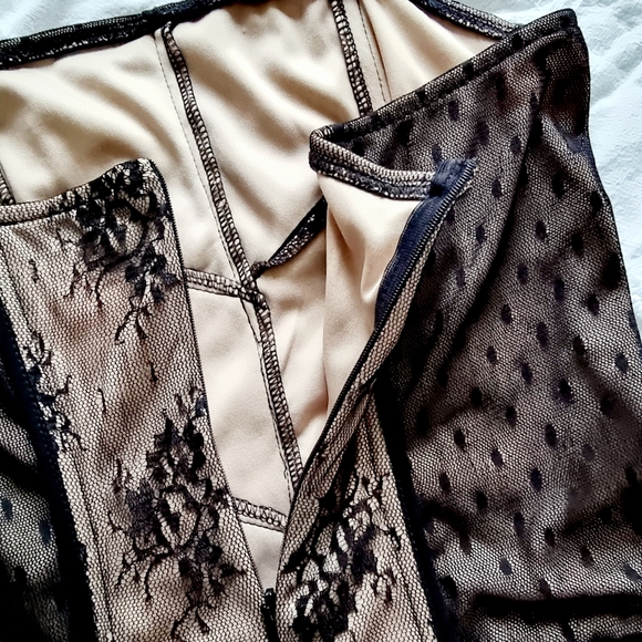 Strapless, black lace, knee length, corset dress with light beige/ tan under lay - Picture 5 of 8